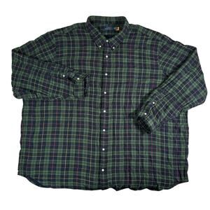 Ralph Lauren Mens 5XB Green Plaid Long Sleeve Button Up Flannel Shirt
